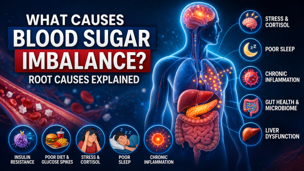 What causes blood sugar imbalance illustration showing insulin, liver, and stress pathways