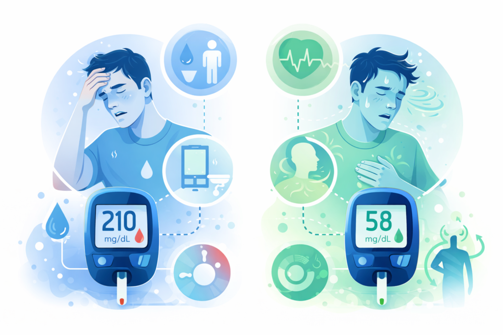 blood sugar symptoms illustration showing high and low glucose warning signs