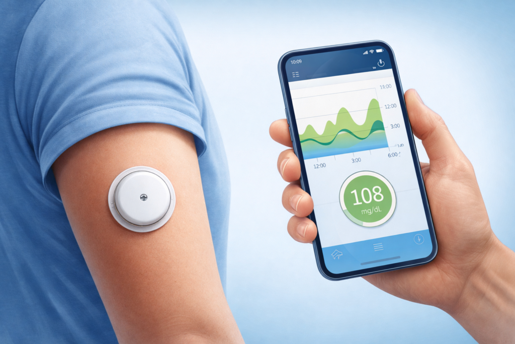CGM for non diabetics showing wearable glucose monitor and smartphone app