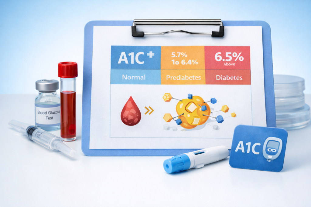 A1C explained with blood test and glucose monitoring visuals