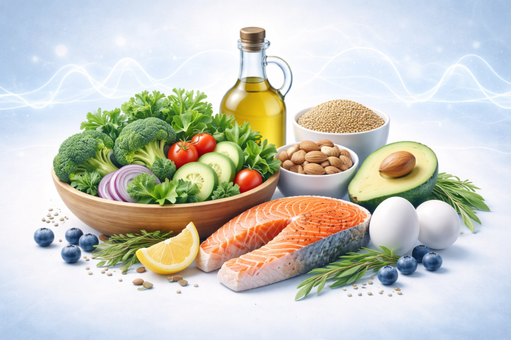 Healthy foods for insulin resistance including vegetables, protein, and healthy fats