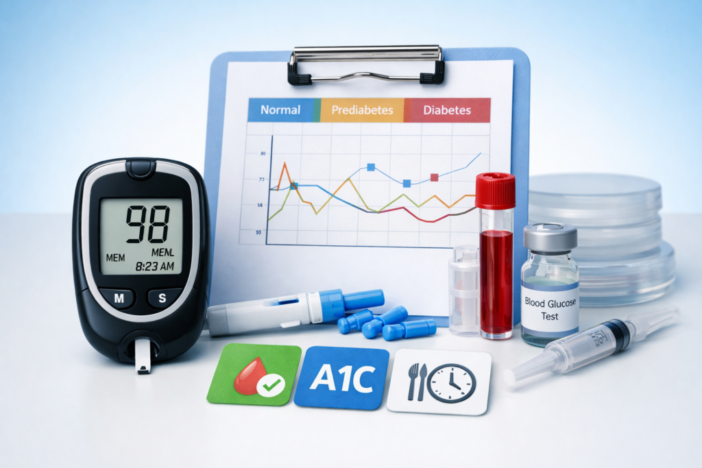 Blood sugar basics page image with glucose meter and testing visuals