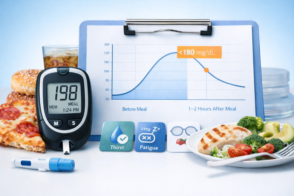 Blood sugar spikes article image with glucose meter and post meal spike visual