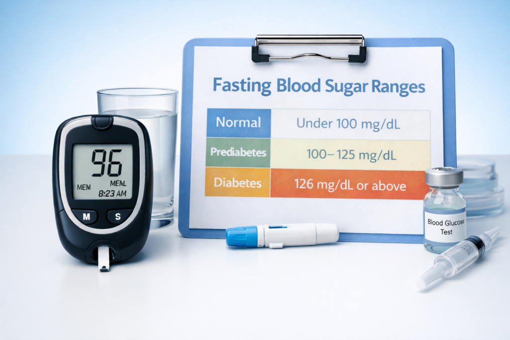 Fasting blood sugar explained with glucose meter and morning testing visuals