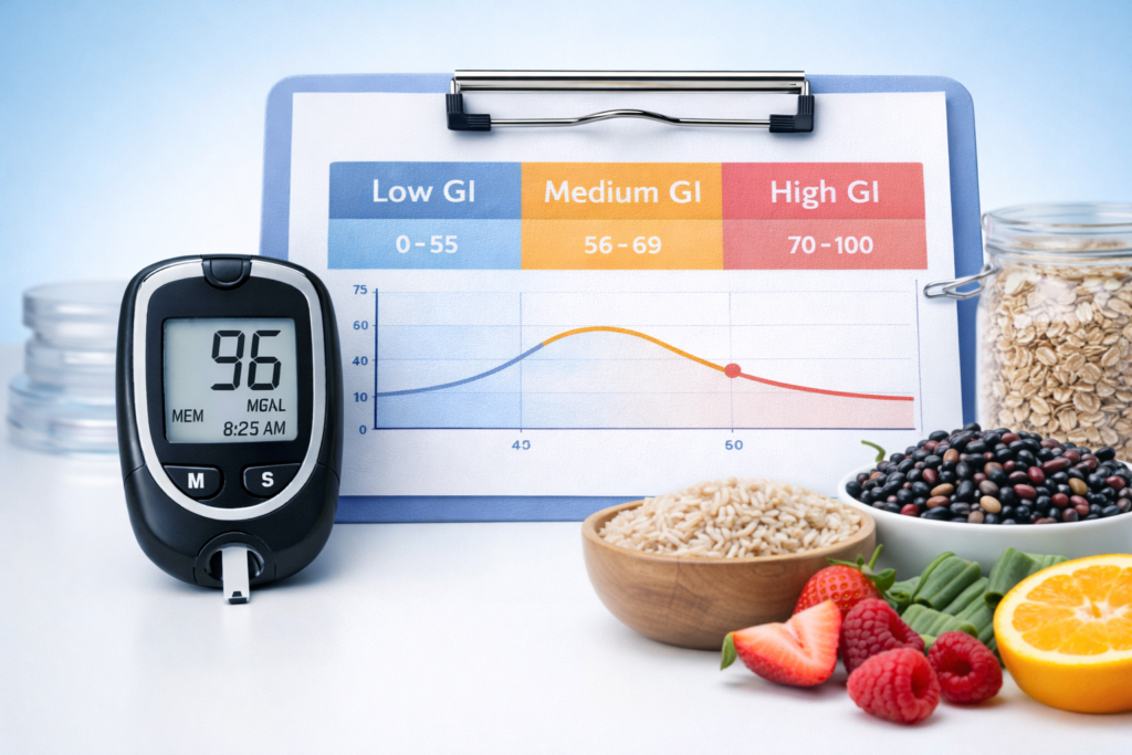 Glycemic index guide image with glucose meter and healthy carbohydrate foods