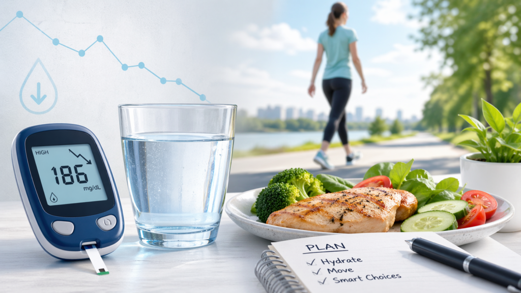 How to lower blood sugar fast naturally and safely with hydration, walking, and balanced food choices