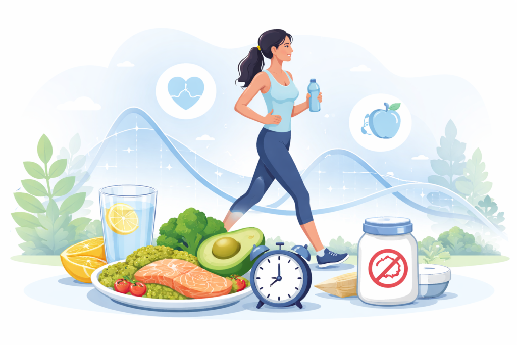 Daily actions to lower blood sugar naturally including walking, healthy eating, hydration, and lifestyle habits