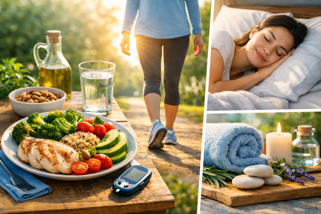 Natural strategies for blood sugar management including healthy food, movement, and lifestyle habits