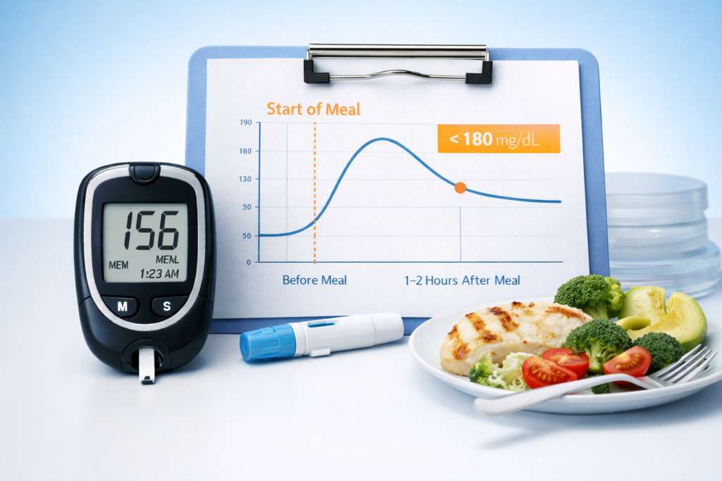 Post-meal blood sugar explained with glucose meter and meal visuals