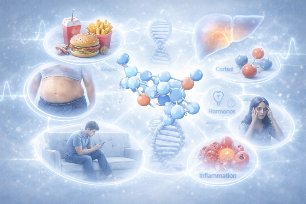 Causes of insulin resistance including poor diet, inactivity, belly fat, and metabolic factors