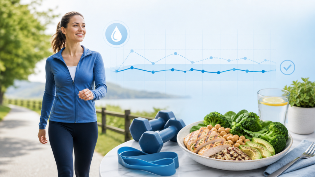 Healthy lifestyle habits that help improve insulin sensitivity naturally, including walking, strength training, and balanced meals