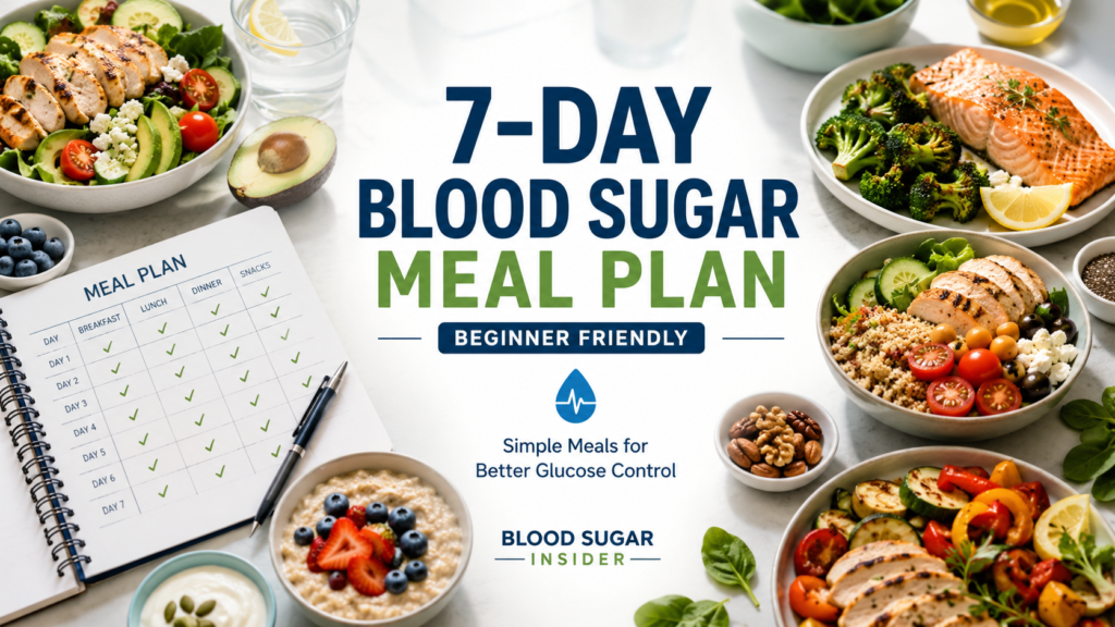 Healthy weekly meal plan featuring balanced blood sugar friendly foods and meal preparation