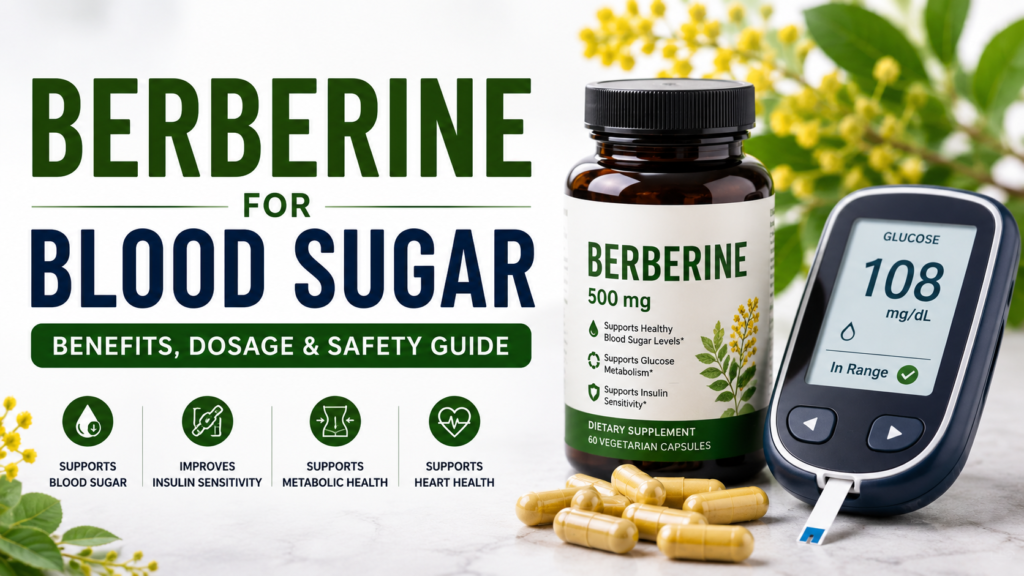 Berberine supplement capsules beside a blood glucose monitor showing blood sugar management concept