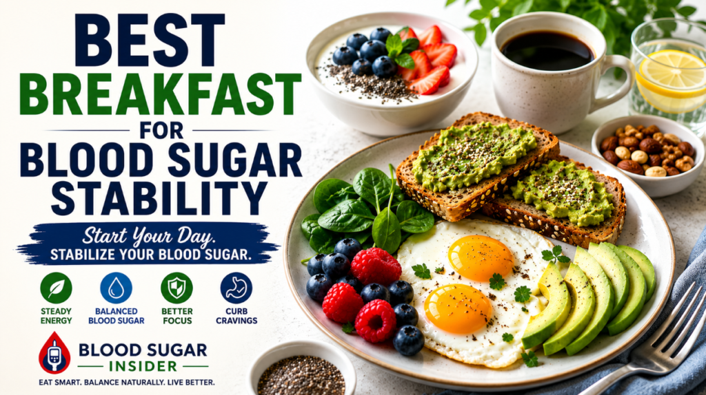 Healthy breakfast foods for blood sugar stability including eggs, berries, avocado, oats, and chia seeds

