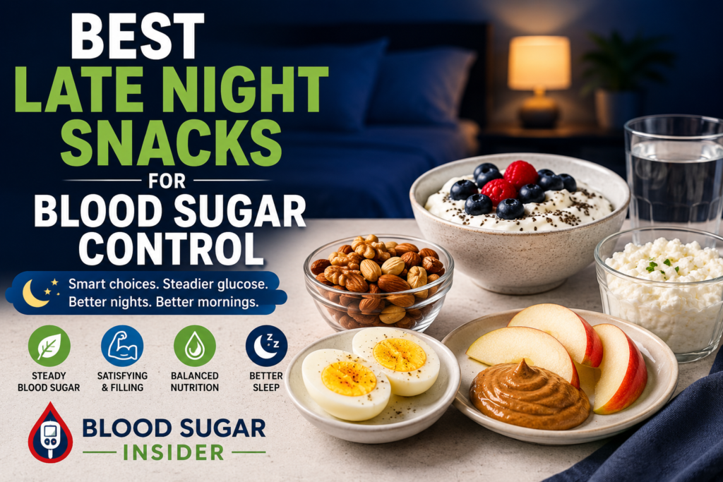 Healthy late night snacks for blood sugar control including Greek yogurt, berries, nuts, and eggs