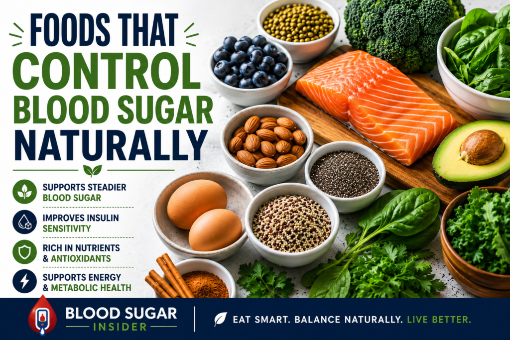 Healthy foods that may help support blood sugar control including salmon, eggs, blueberries, spinach, almonds, avocado, and chia seeds