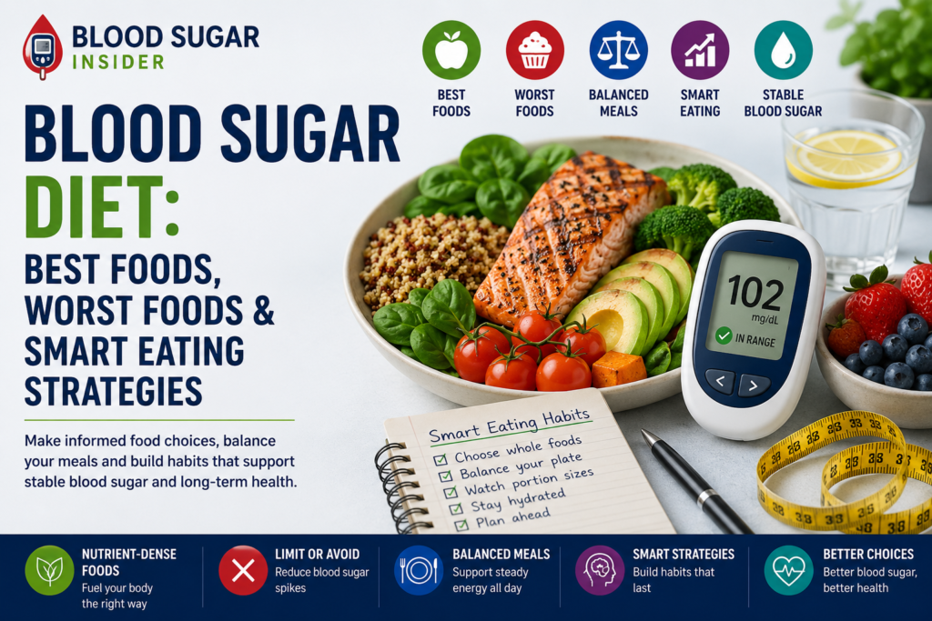 Blood sugar diet guide showing the best foods, foods to limit, balanced meals and smart eating strategies