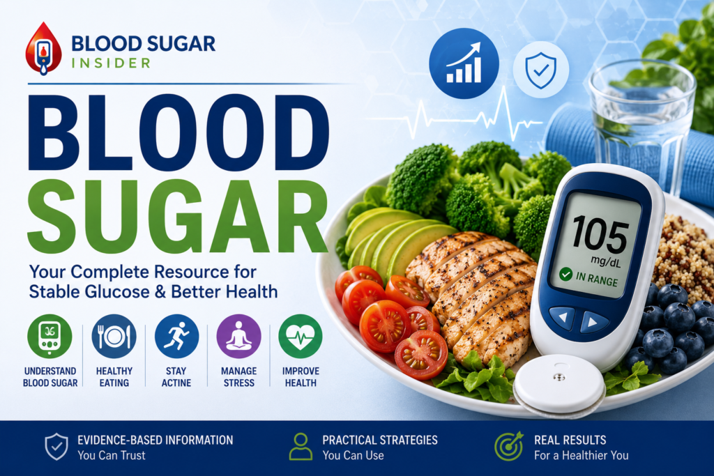 Blood Sugar guide showing healthy foods, glucose monitoring and practical strategies for supporting stable blood sugar