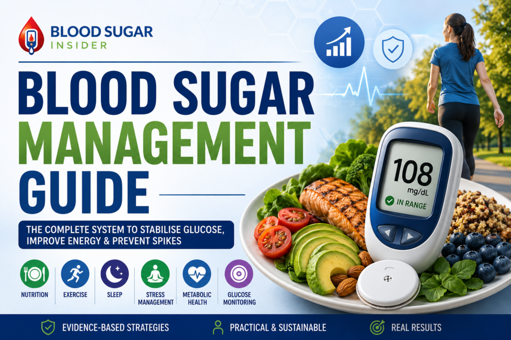 Illustration of healthy blood sugar management showing balanced nutrition, exercise, glucose monitoring, sleep, and lifestyle strategies.