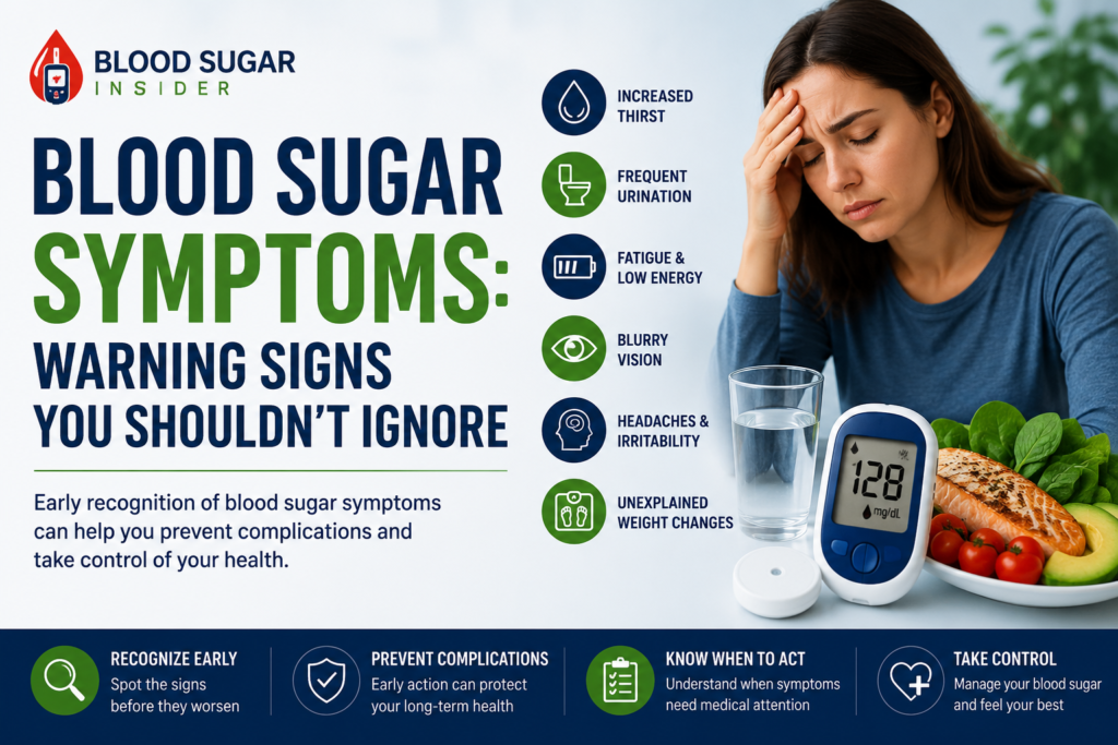 Blood sugar symptoms and warning signs including increased thirst, frequent urination, fatigue, blurry vision and headaches