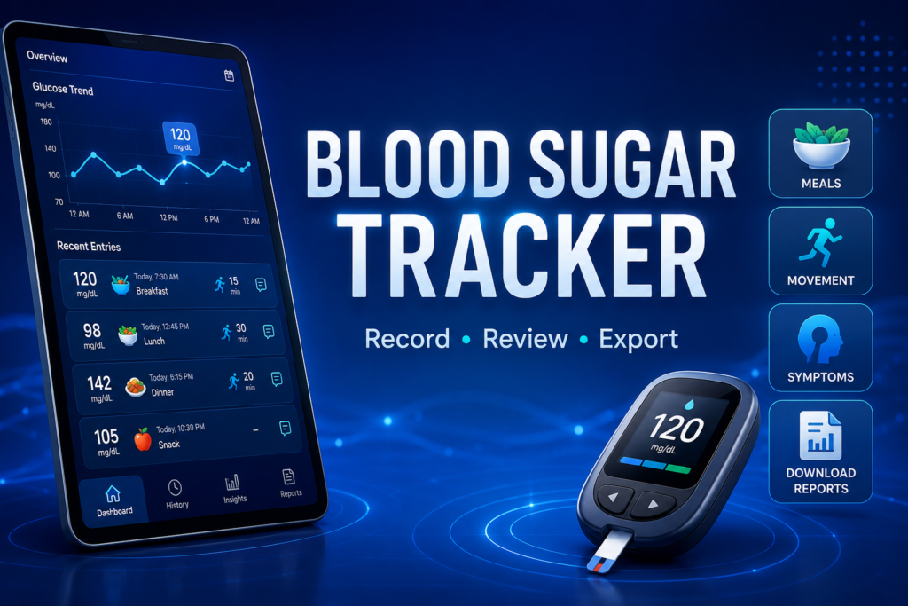 Free blood sugar tracker for recording glucose readings, meals, medicines, activity and symptoms.
