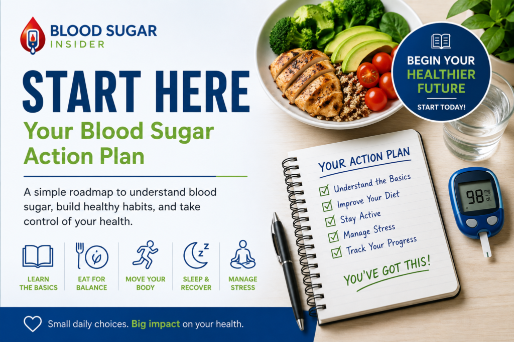 Start Here blood sugar action plan guide for beginners learning about blood sugar management and insulin resistance