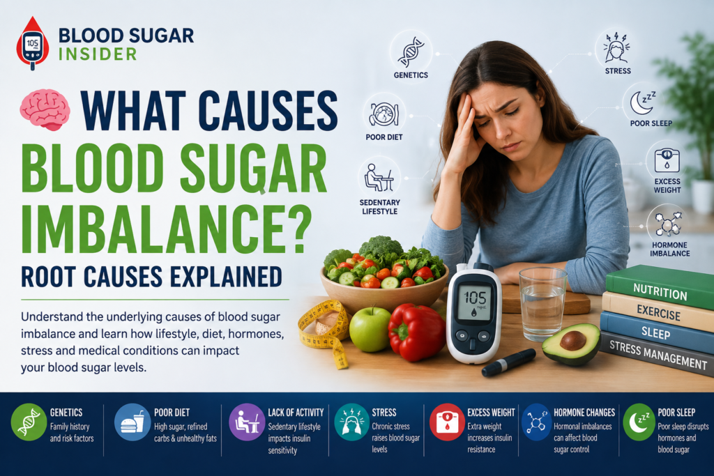 Causes of blood sugar imbalance including diet, inactivity, stress, poor sleep, excess weight, genetics and hormonal changes
